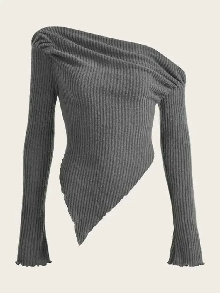 Women Solid Autumn Winter Grunge Asymmetrical Neck Ribknit Tee Strapless Blouse Long Sleeve Casual Sweater Handkerchief Hem 250121