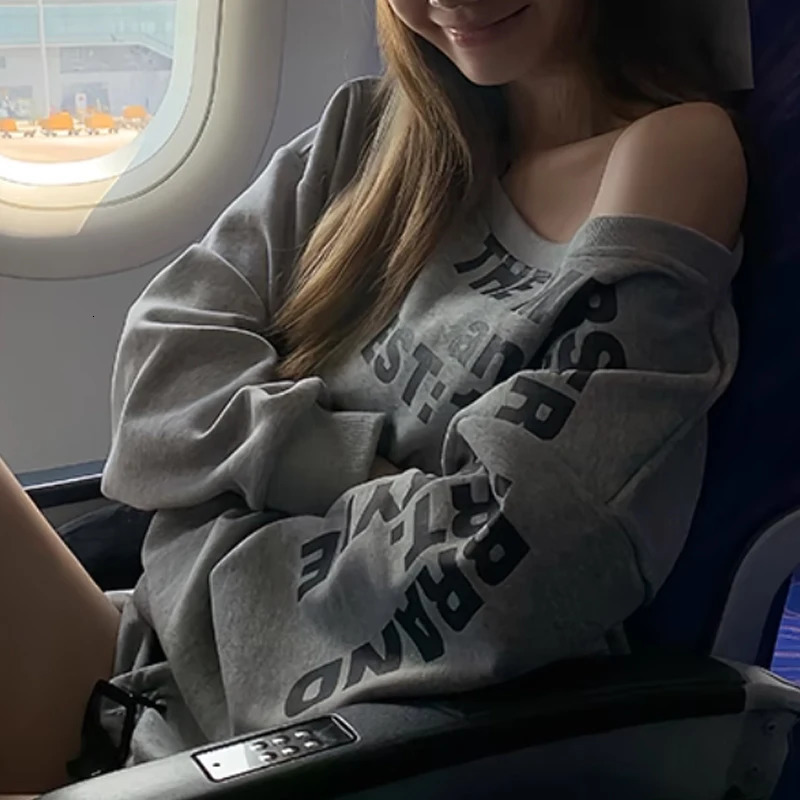 Spring Autumn Skew Collar Long Sleeve Fashion Sweatshirts Women High Street Letter Printing Pullovers Elegant Loose Tops 250122