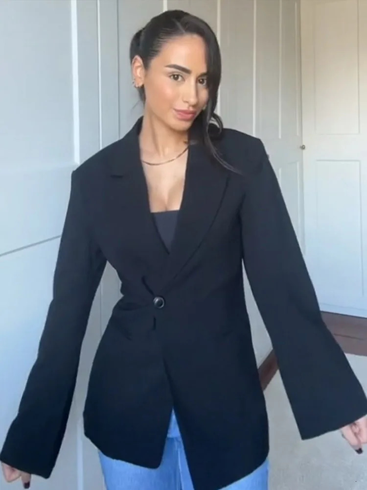 One Button Waist Cinched Suit Coat Jacket VNeck Pleats Commuting Fashion Minimalism Women Overcoat Professional Formal Attire 250122