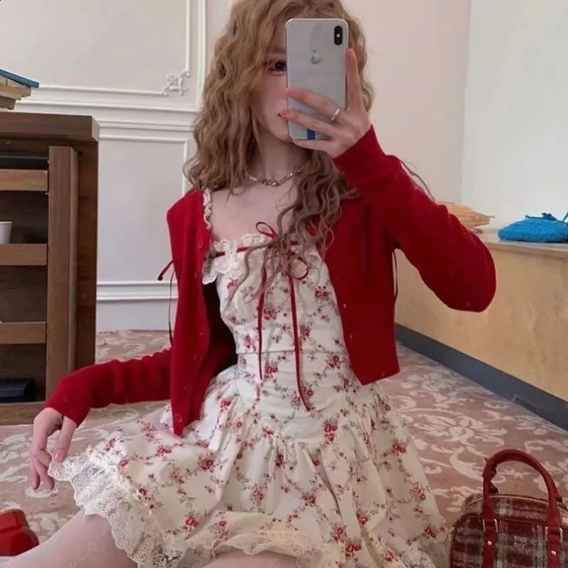 Two piece set womens sweet Cottagecore red knitted cardigancute mini dress womens floral print casual floral dress set 250110