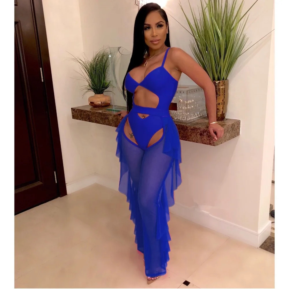 BKLD Neon Orange Two Piece Sexy Women Spaghetti Strap Bodysuit And Sheer Mesh Pants Ruffles Beach Club Party Bodycon Outfits 250122