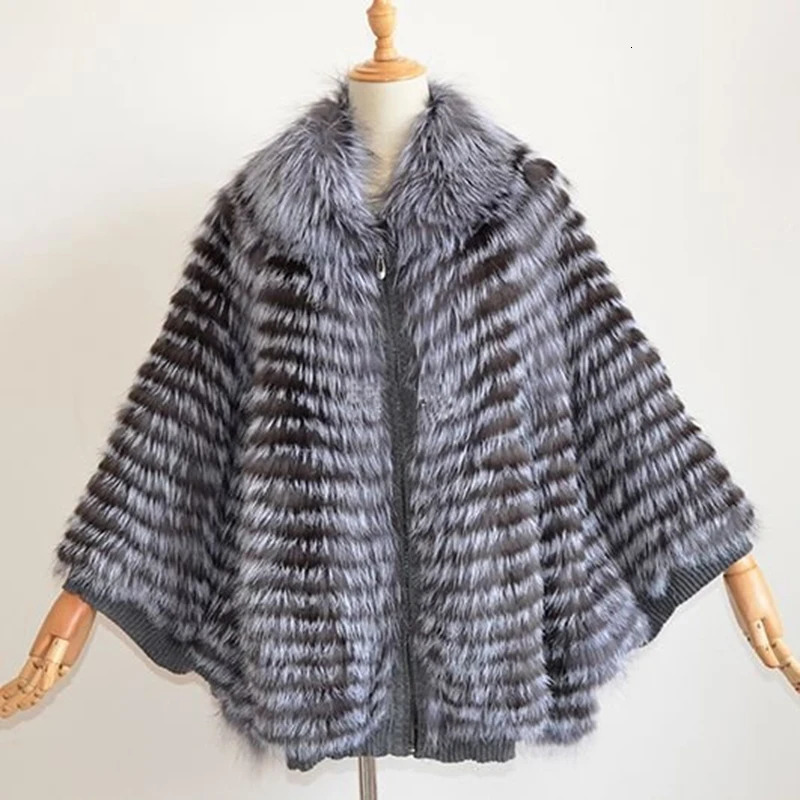 Silver Fox Fur Cape for Women Winter Furry Shawl with Zipper Fluffy with Fur Collar Fashion Furry Fluffy 250120