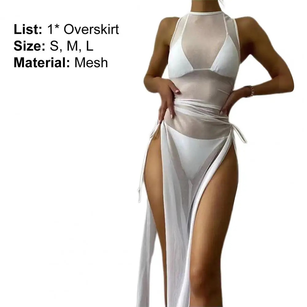 Oneck Side High Split Shirring Cover Up Dres Mesh Transparent Sleeveless Sunscreen Dress for Vacation 250120