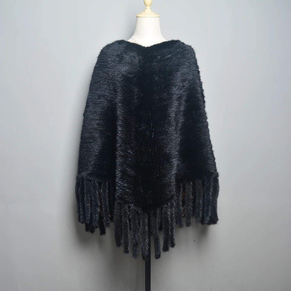 Fashion Women Fur Shawl Winter Knitted Real Mink Fur Stole With Fur Hood Knitted Mink Poncho Pashmina 250120