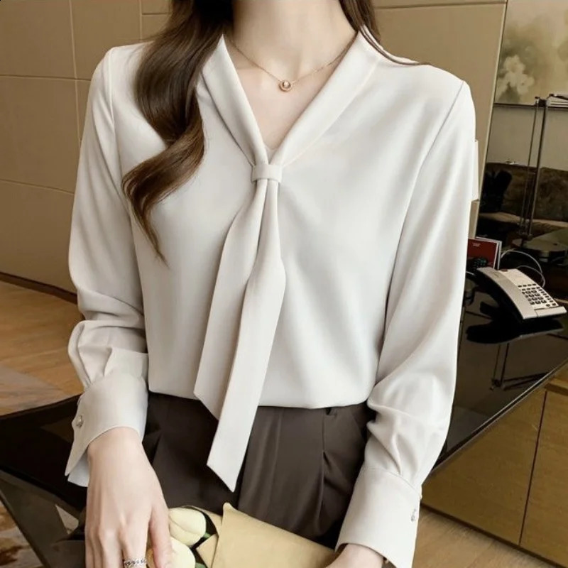 Women Spring Summer Style Blouses Shirts Lady Casual Long Sleeve Bow Tie Collar White Color Blouses Shirts DF4989 250121