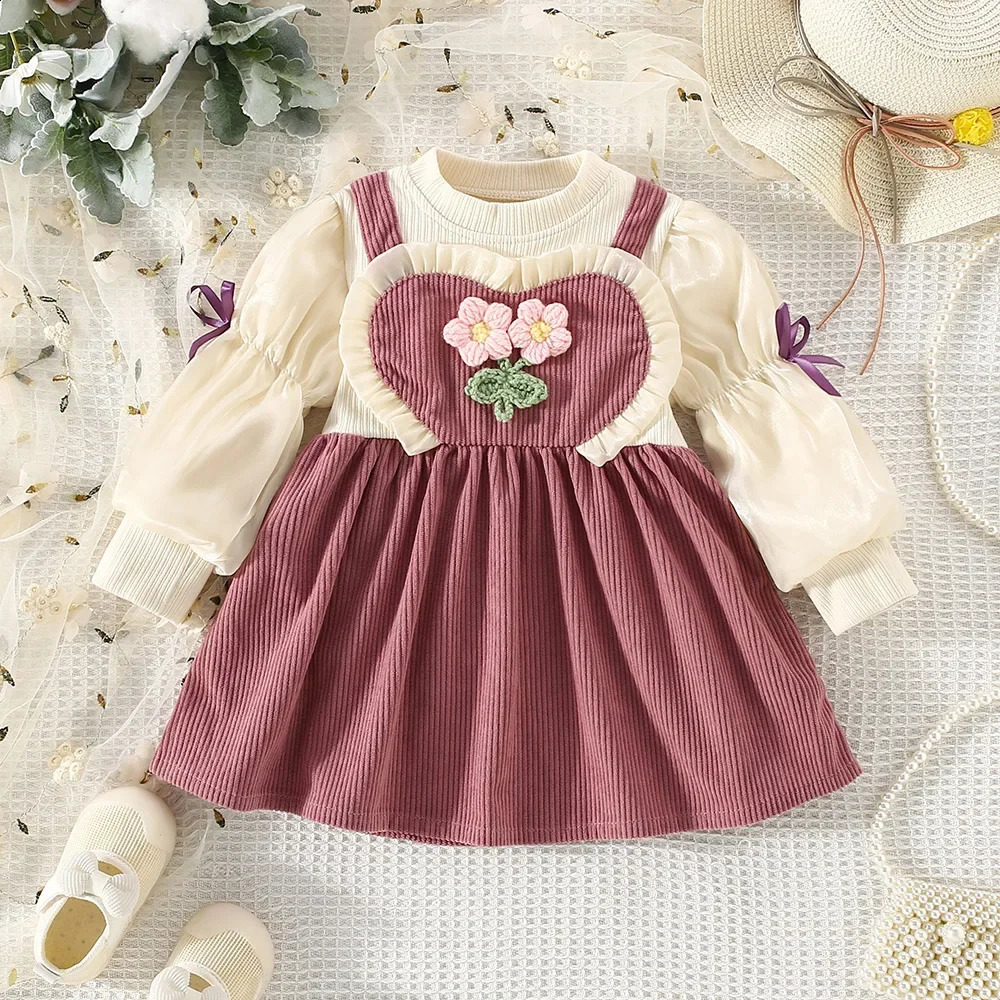Spring And Autumn Baby Girl Dress Long Sleeve Suspenders Lace Pleated Flowers Decorated Two Birthday Party Team Dresses 250117