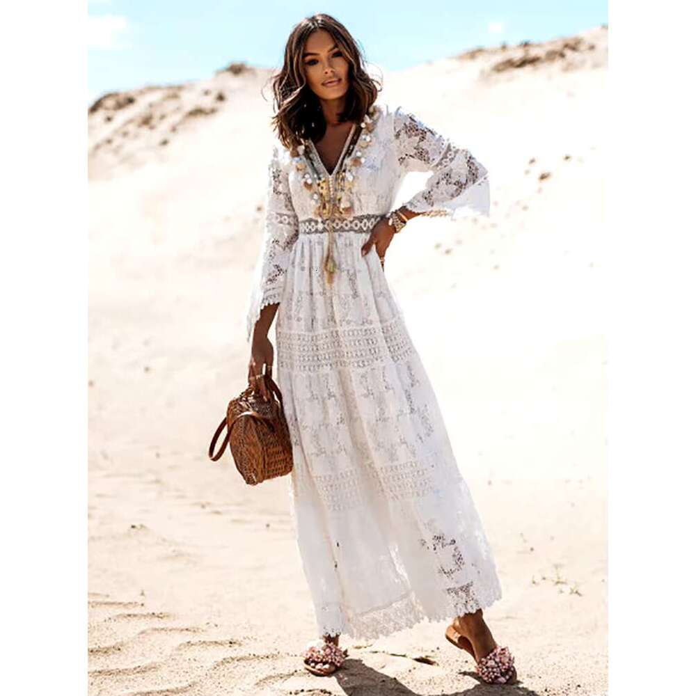 Women's Lace Beach Vintage Flare Sleeve Hollow Out Boho Maxi Dress With Tassel Romantic Vacation Vestidos