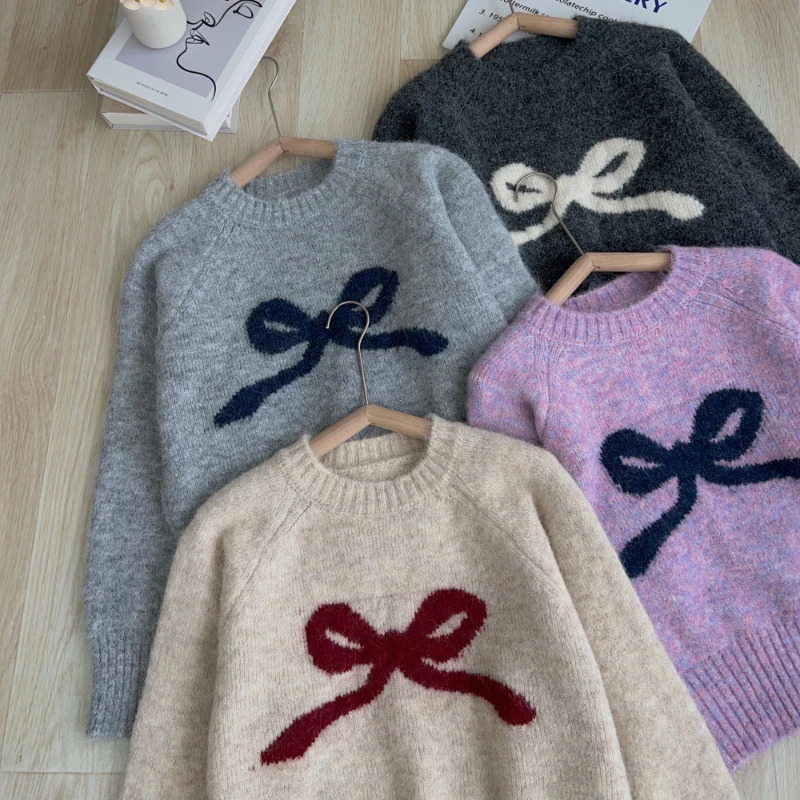 Gray Bow Round Neck Pullover Inner Wear Sweater Women Autumn and Winter Small Soft Glutinous Base Knit 250206