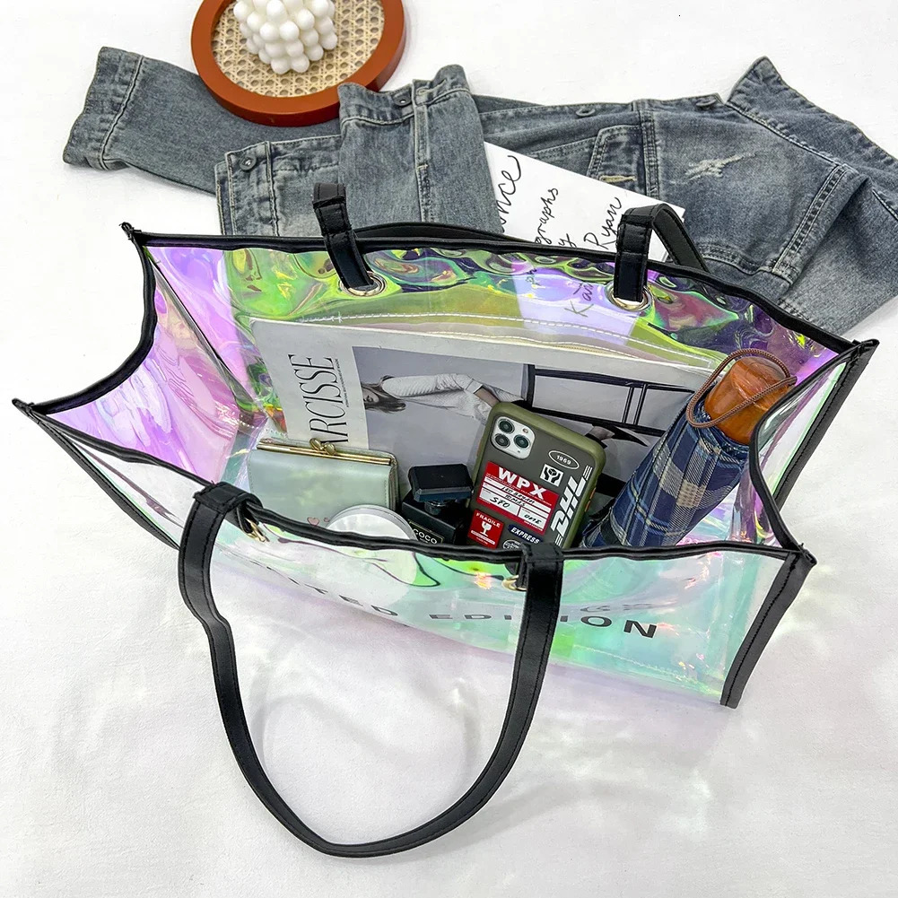 Women Letters Large Capacity Travel Shoulder Bags Laser PVC Transparent Handbag for Women Girl Outdoor Shopping 250121