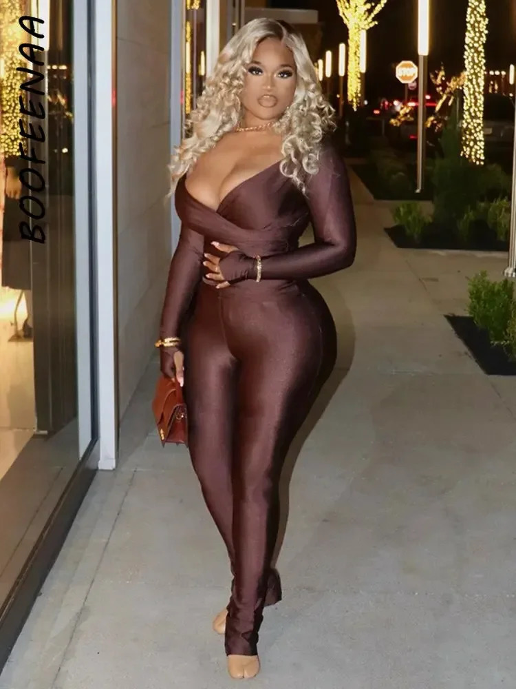 BOOFEENAA All Black 2 Piece Sets Women Outfits Deep V Neck Long Sleeve Crop Top and Pants Matching Sets Sexy Club Wear C70-DI37 250122