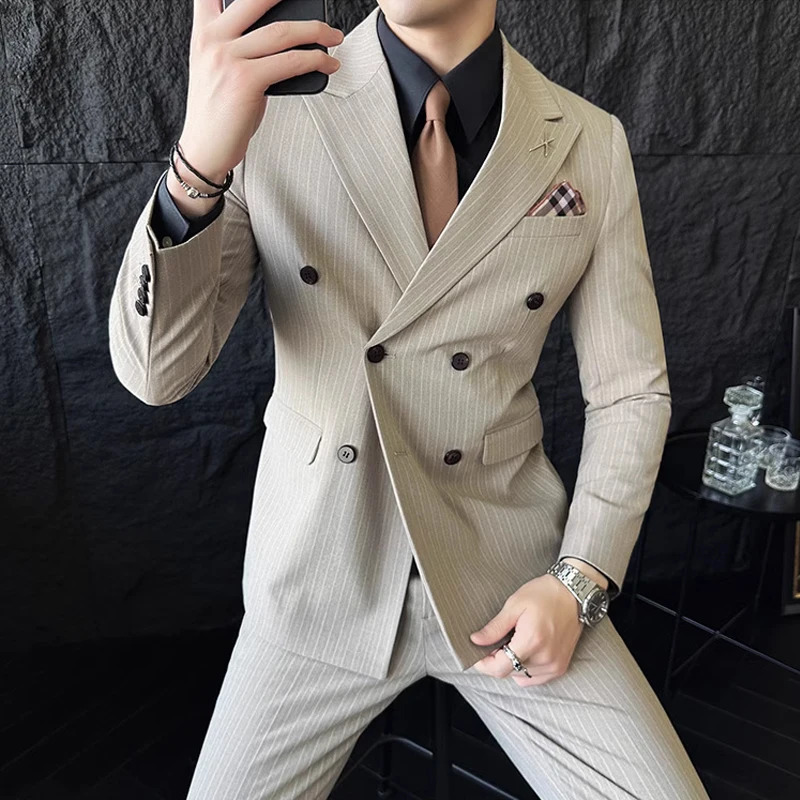 M7XL Blazer Pants Classic Striped Mens Official Office Casual Business Double breasted Suit Groom Wedding Gown 250122