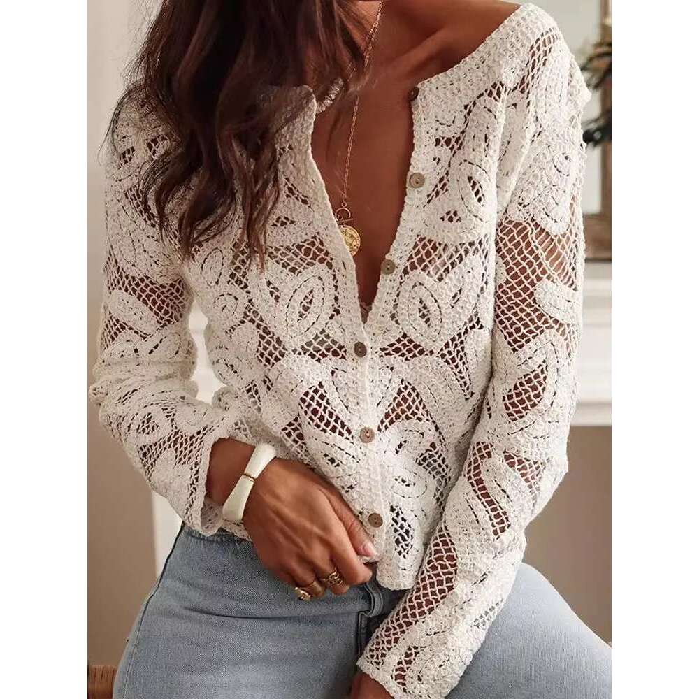 New Sexy Hollow Out Shirts Femme Button Down Crochet Boho Blouses Long Sleeve Hippie Women Shirt Chic Holiday Tops