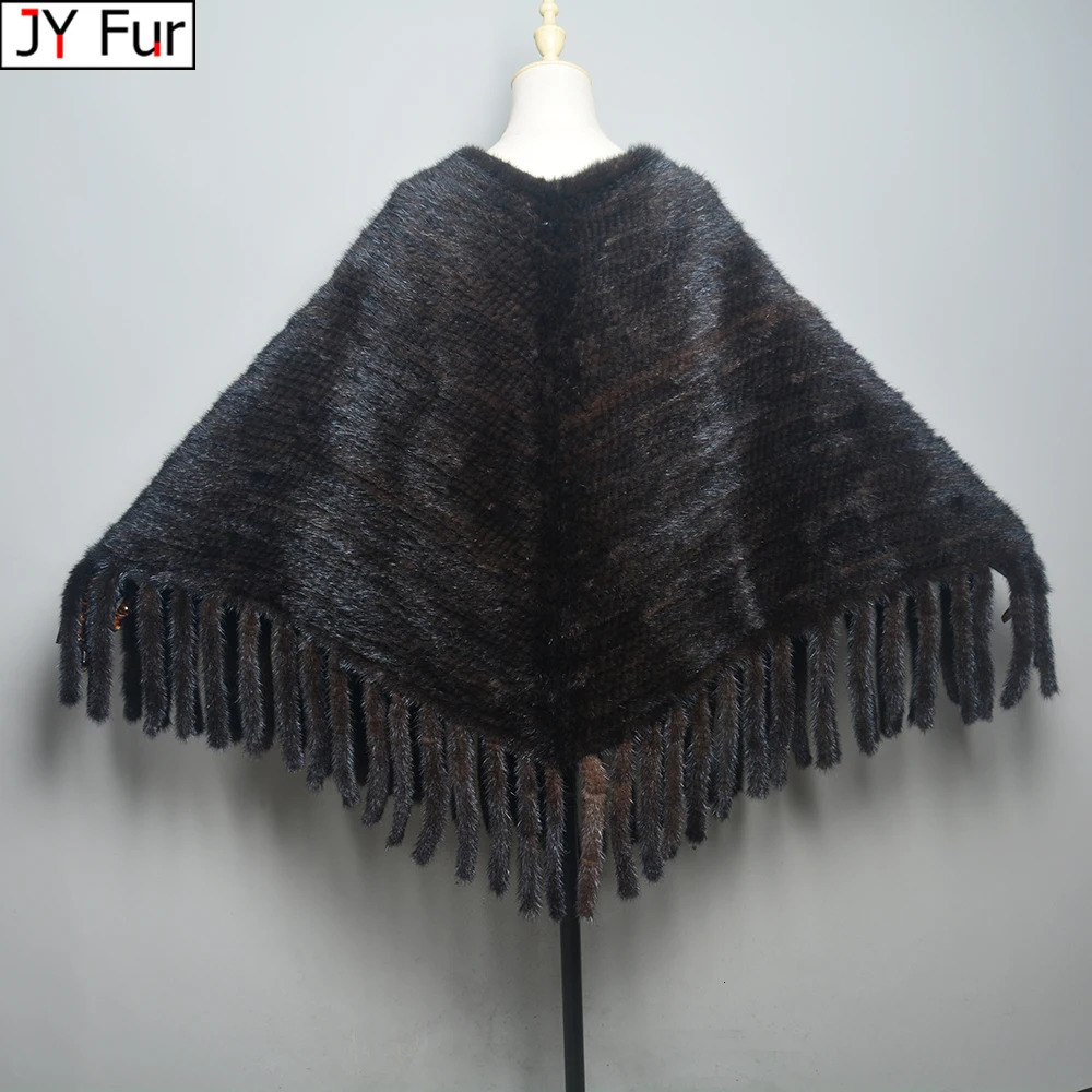 Fashion Women Fur Shawl Winter Knitted Real Mink Fur Stole With Fur Hood Knitted Mink Poncho Pashmina 250120