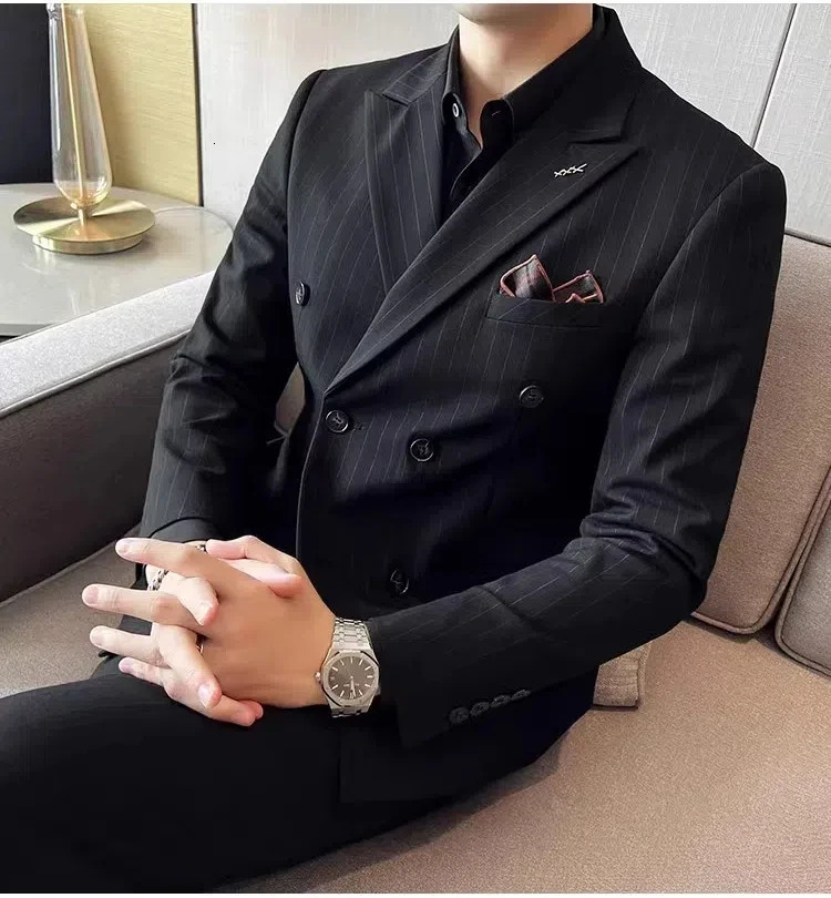 Suit suit mens striped double breasted slim fit jacket stylish business casual youth fashion wedding dress S8025 250122