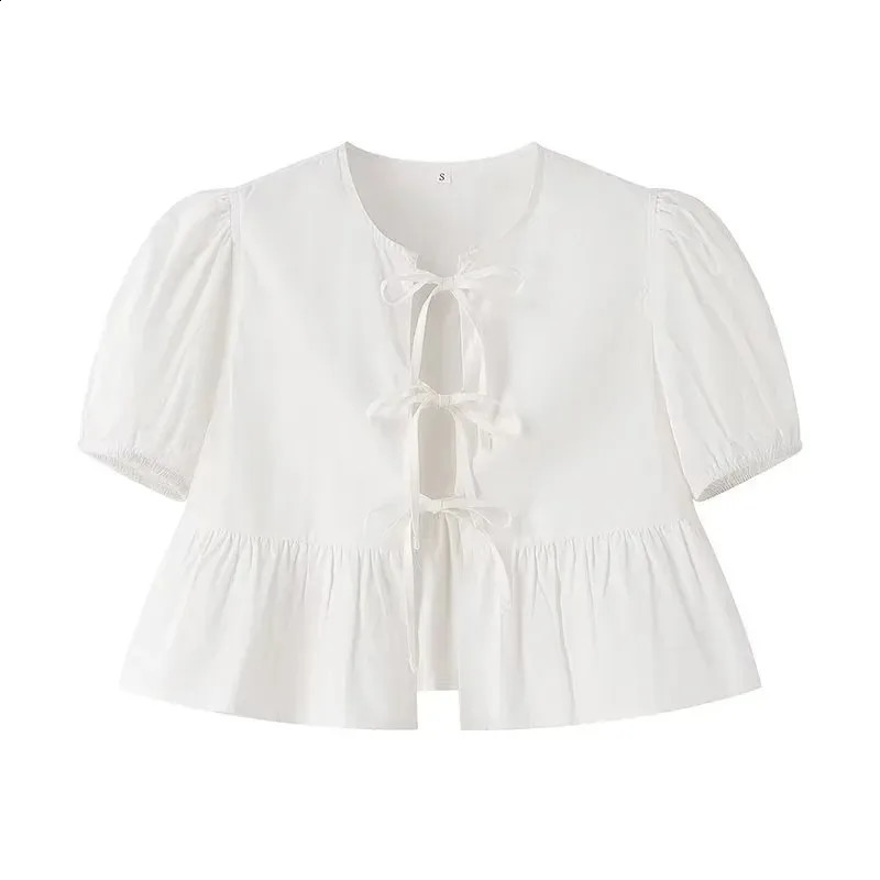 TRAF White Crop Top Women Black Ruffle Short Puff Sleeve Blouse Female Bow Tied Summer Blouses Woman 2024 Ruched Cute Tops 250121