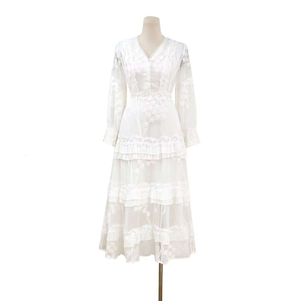 New Party Lantern Sleeve Cotton Maxi White Ral Embroidery Button Up Elegant Boho Layered Dress Mujer Vestidos