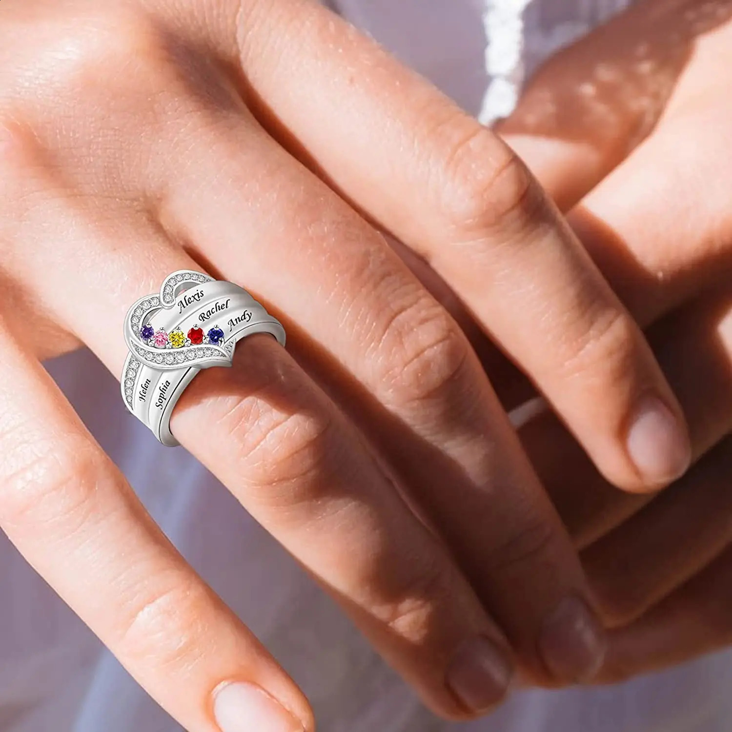 Personalized 1-8 Birthstone Ring Silver Heart Custom Carving Mothers Day Aniversary Jewelry Surname 250110