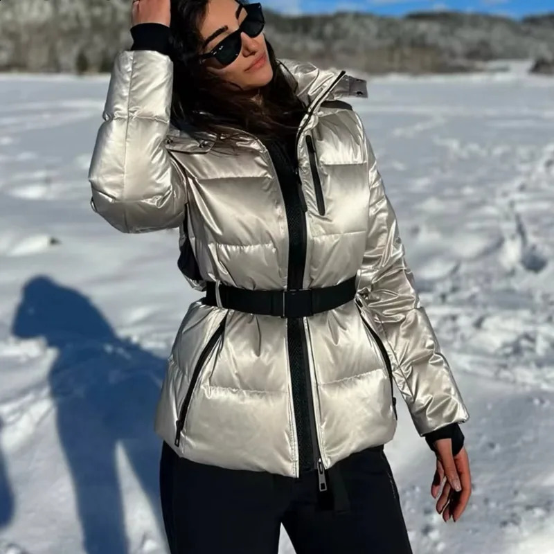 Fashion Waist With Belt Hooded Down Ski Cotton Jacket Women 2025 Stand Up Collar Zipper Commuting Short Warm Windproof 250115