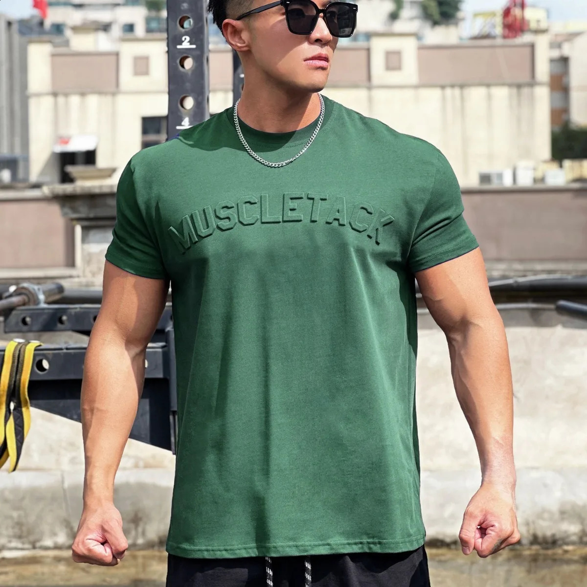 Gym Green Muscle Sports Loose Fashion n Letter Short Sleeve Mens Street Running Training Elastic TShirt 250108