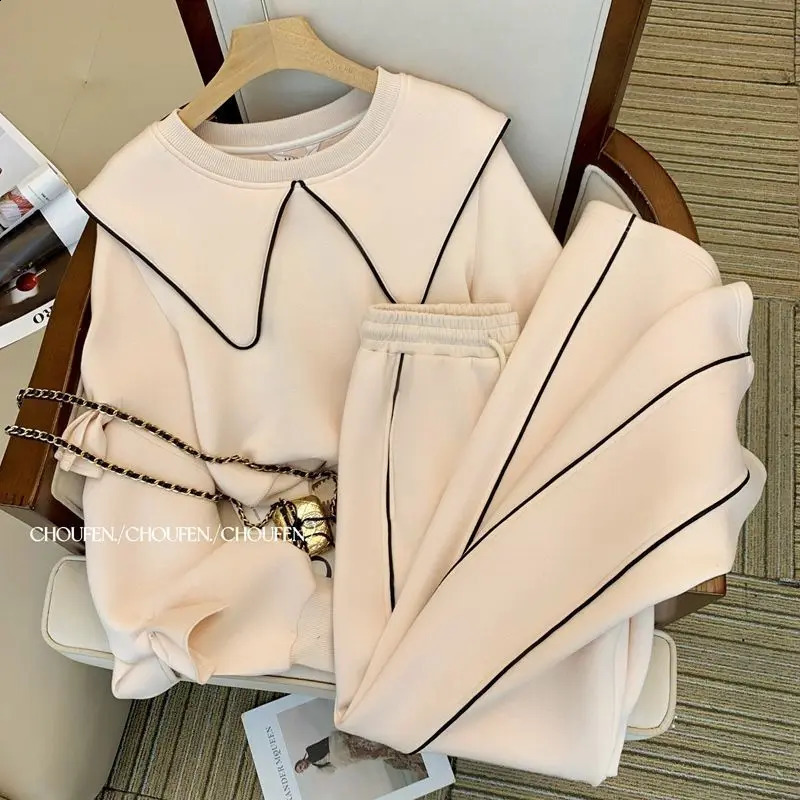 Fashion Tracksuit 2 Piece Set Outfit Korean Loose Sailor Collar Crop Coat Casual Wide Leg Pants Female Sweatshirt Suit 250114