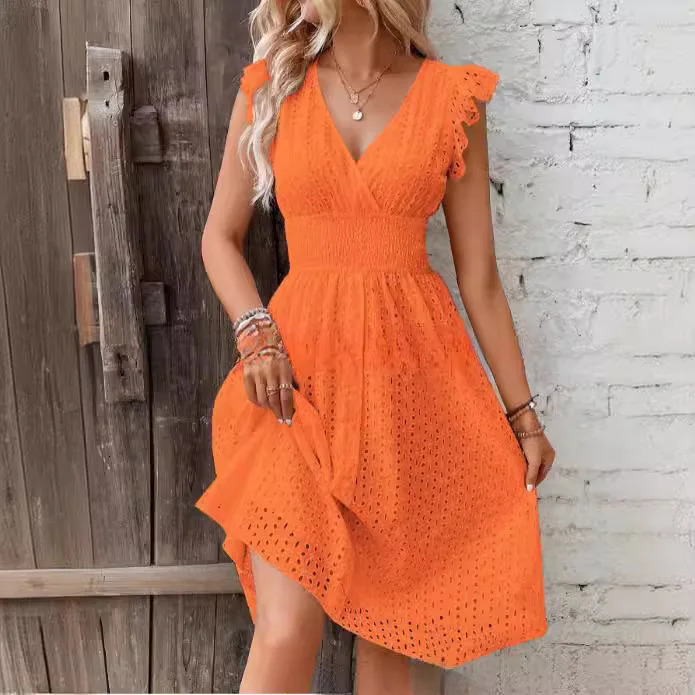 Women Summer Midi Dress V Neck Solid Ruffles Sleeveless Eyelet Embroidery Vacation Holiday Elegant Dresses For Women Party Robe 250121