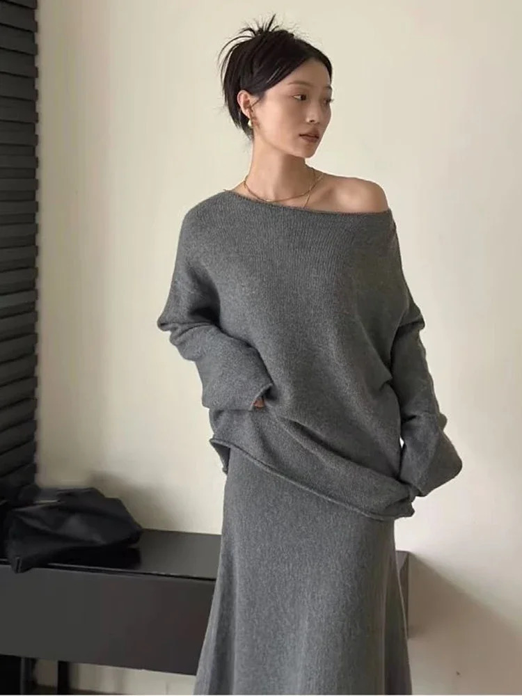 Two Piece Sets Womens Outifits Autumn Solid Knitted Sweater A-Line Elastic Skirt Sets Matching Korean Fashion Womens Clothing 250121