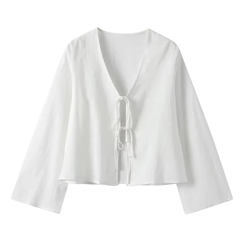 Yes Fine Loose Lace Up Bow Shirt Women Elegant V Neck Long Flare Sleeve Lady 2024 Spring Summer Simple High Street Female Top 250122