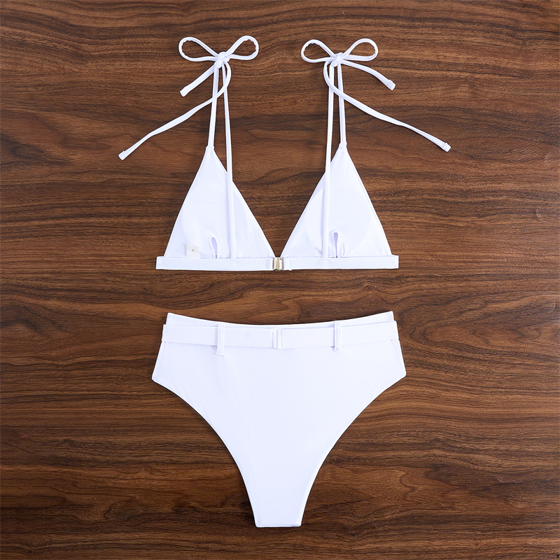 Fashion Women White Bikini Triangle Bra Belt High Waist Bikinis Set Strappy Swimsuit Bathers Swimming Bathing Swimwear Summer Beachwear