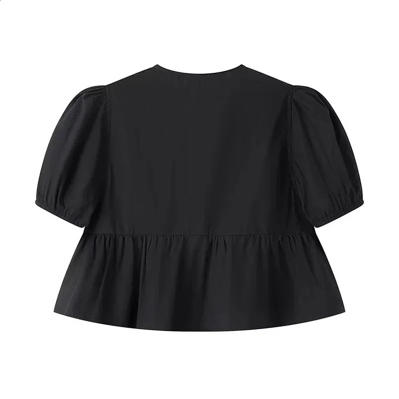TRAF White Crop Top Women Black Ruffle Short Puff Sleeve Blouse Female Bow Tied Summer Blouses Woman 2024 Ruched Cute Tops 250121
