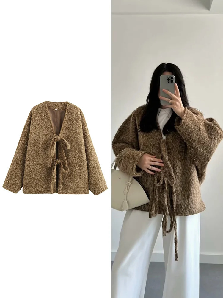 TRAF womens small cardigan Vneck Mao jacket fashion retro bow tie n solid colour autumn and winter 250113Z