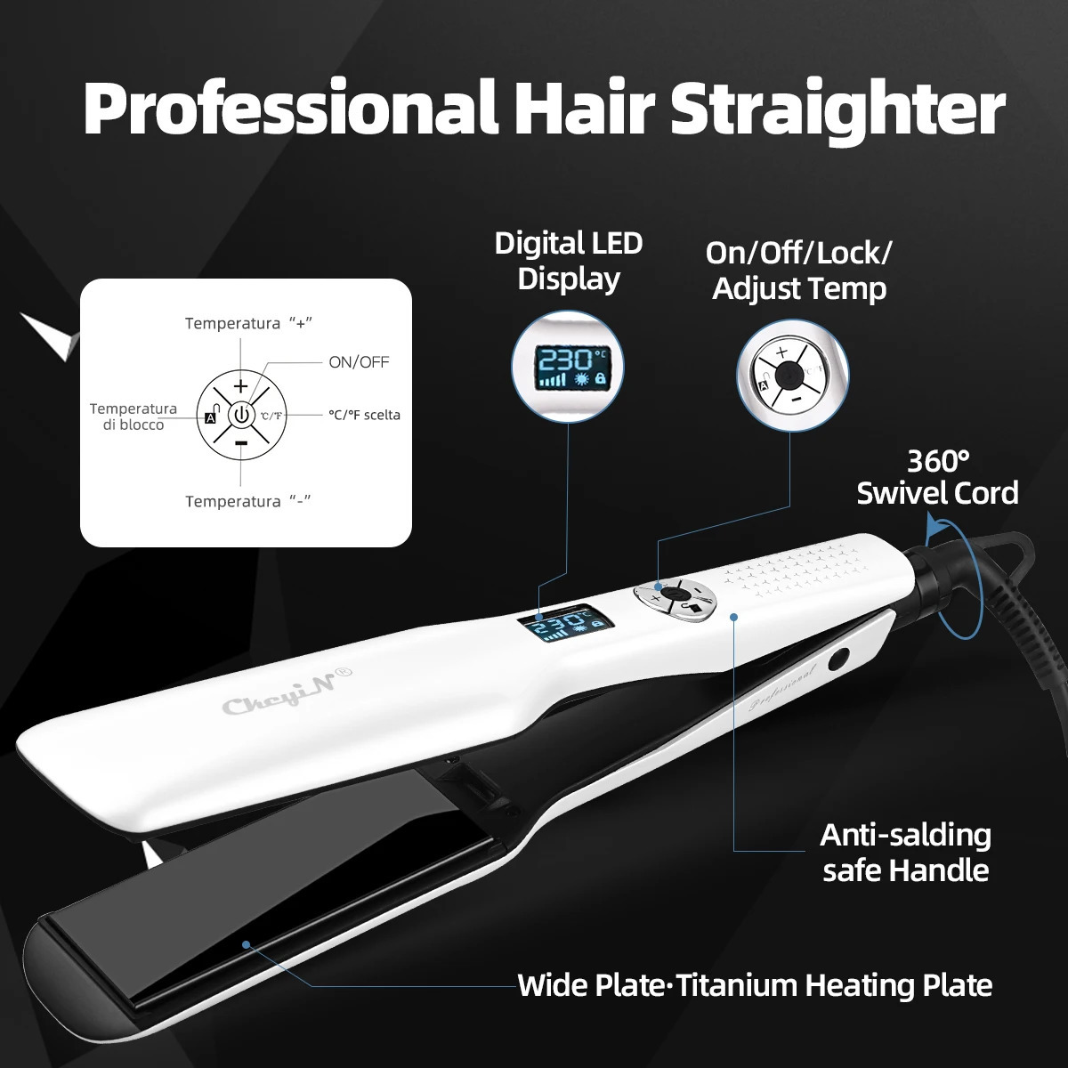 CkeyiN 44mm Tourmaline Ceramic Hair Straightener LCD Display Fast Heating Flat Iron Adjustable Temperature Straightening Iron 250110