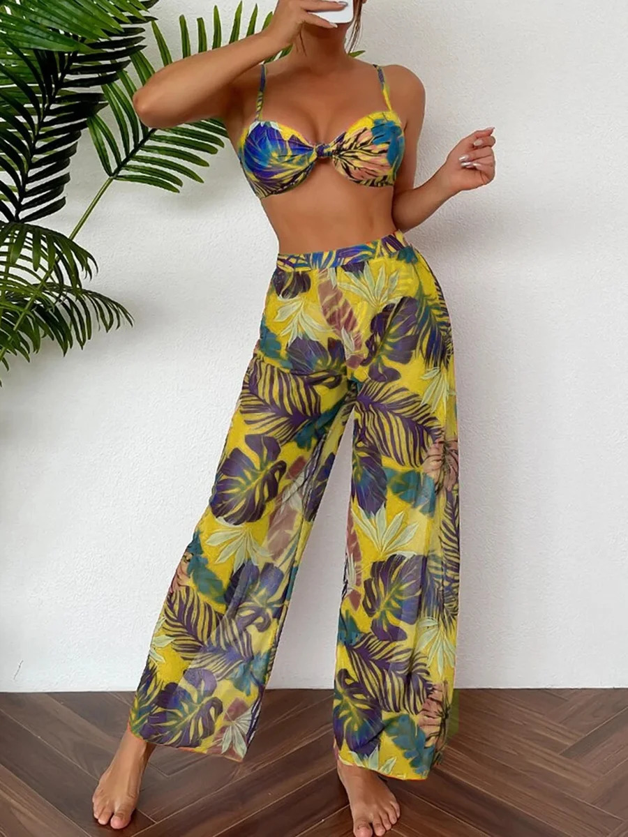 Print Three Piece Bikini With Long Pants Swimsuit Women Swimwear Female Bather Bathing Swimming Swim Suit Beachwear 250120