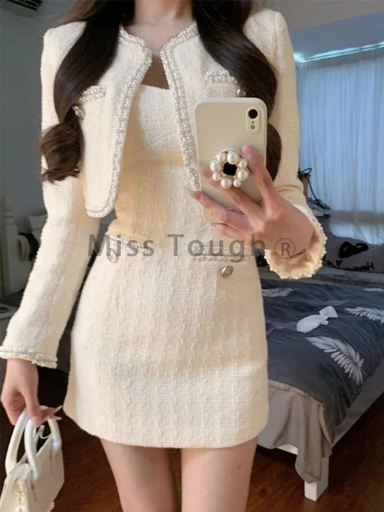 White France Vintage Two Piece Set Women Korean Slim Party Dress Suit Female Short Sweet CoatElegant Strap 2024 250122