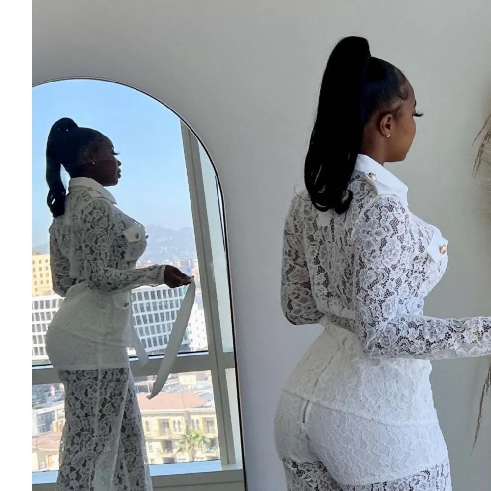 Lace Elegant Shirt SuitsTop White Cargo Pants Set Women Hook Flower Summer Tracksuit Suit Matching Sets Y2k Streetwear Black Set 250113