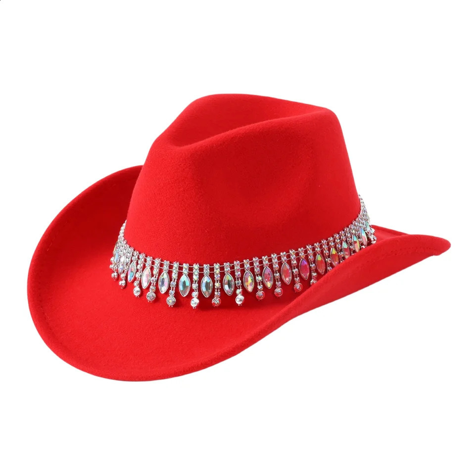 1Fashion Rhinestone Tassel colored gemstone necklace western cowboy hat Broad Brim Sun Protection Hat gentleman style jazz 250118