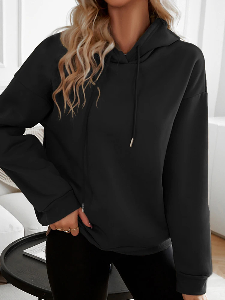 Women Casual Black Loose Hoodies Autumn Winter Long Sleeve Hooded Sweatshirt Thick Simple Tops Lazy Style Pullover 2024 Sale 250121