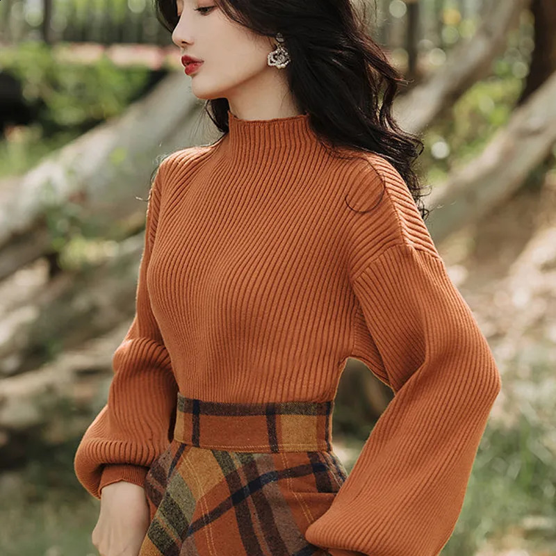 Womens Spring Autumn Vintage Plaid Long Skirts Sweater TwoPiece Set French Lady Graceful Knit Pullover High Waist Skirt Outfit 250122