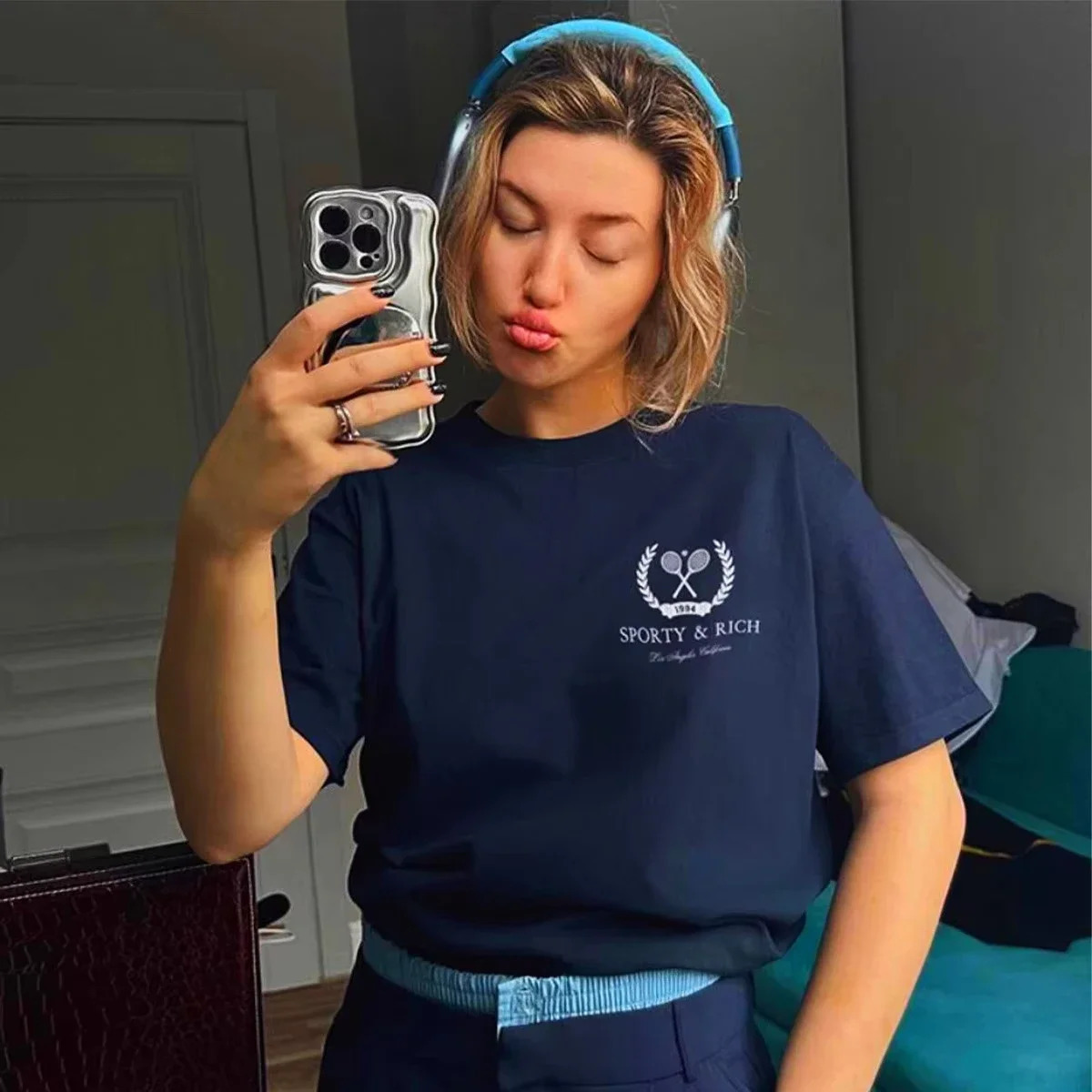 American Retro Sport Make You Health Printing 90s T Shirts Navy Short Sleeve Loose Cotton Casual Tops Ins Fashoin Cool Shirts 250109