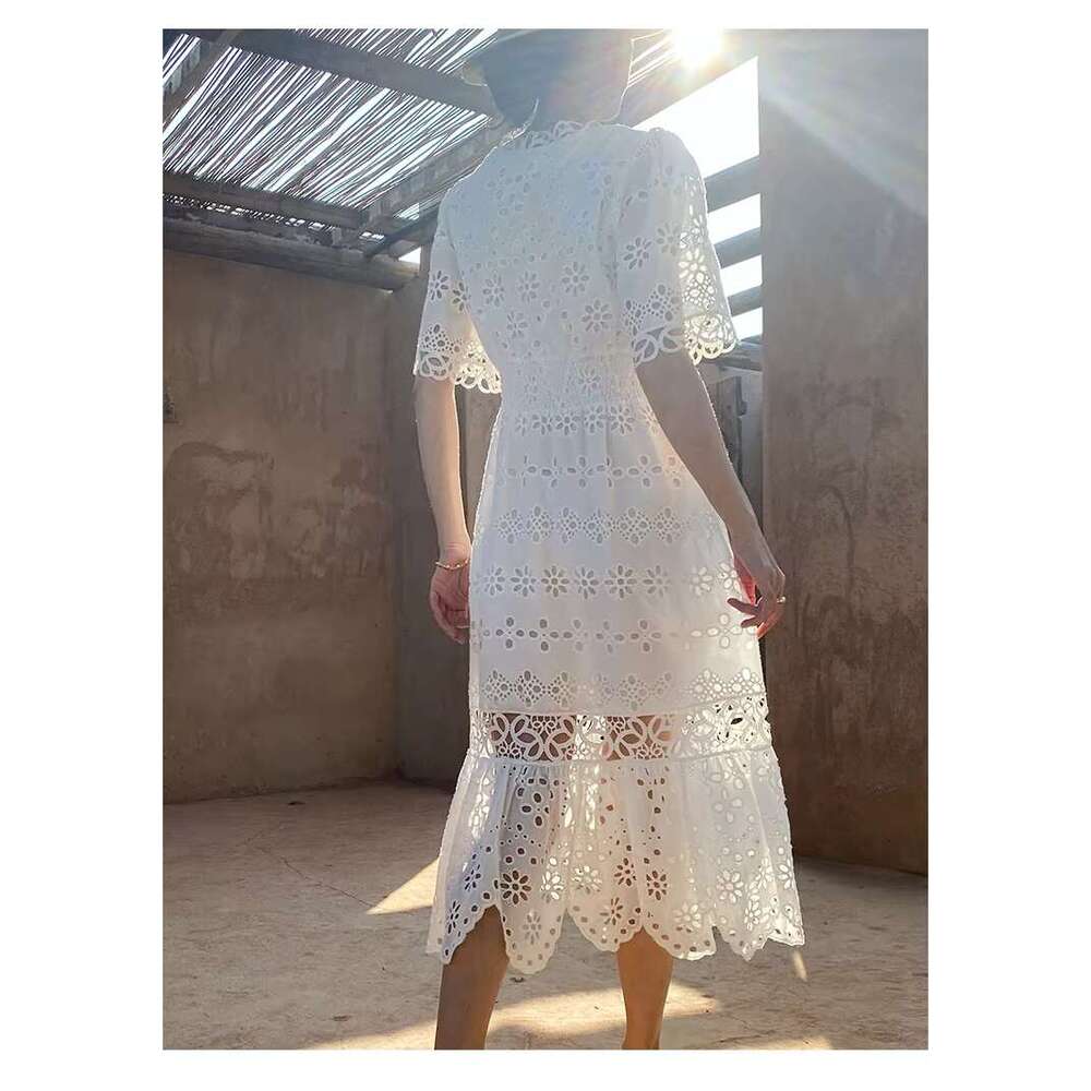 New Embroidery White V Neck Short Sleeve Holiday Cotton Lace Dress Retro Hollow Out Daily Dresses Vestidos