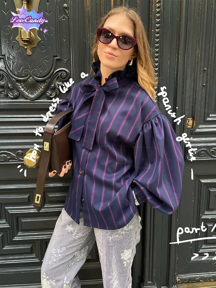 Chic Striped Lace Up Bow Shirts For Women Fashion Single Breasted Long Sleeve Blouse 2025 Spring Ladies Commuting Streetwear 250122