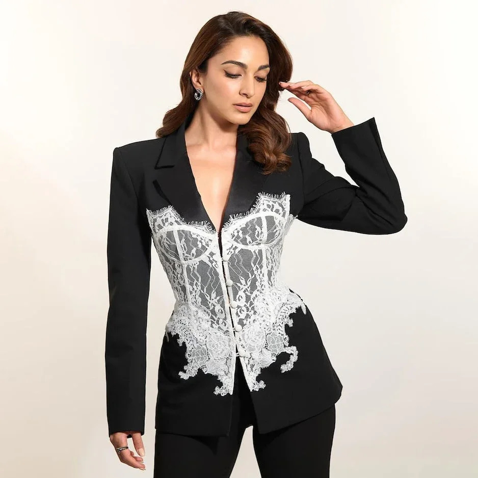 Womens Lace Stitched Slim Fit Suit HighWaisted WesternStyle LongSleeve Outerwear Fashionable Clothing 250122