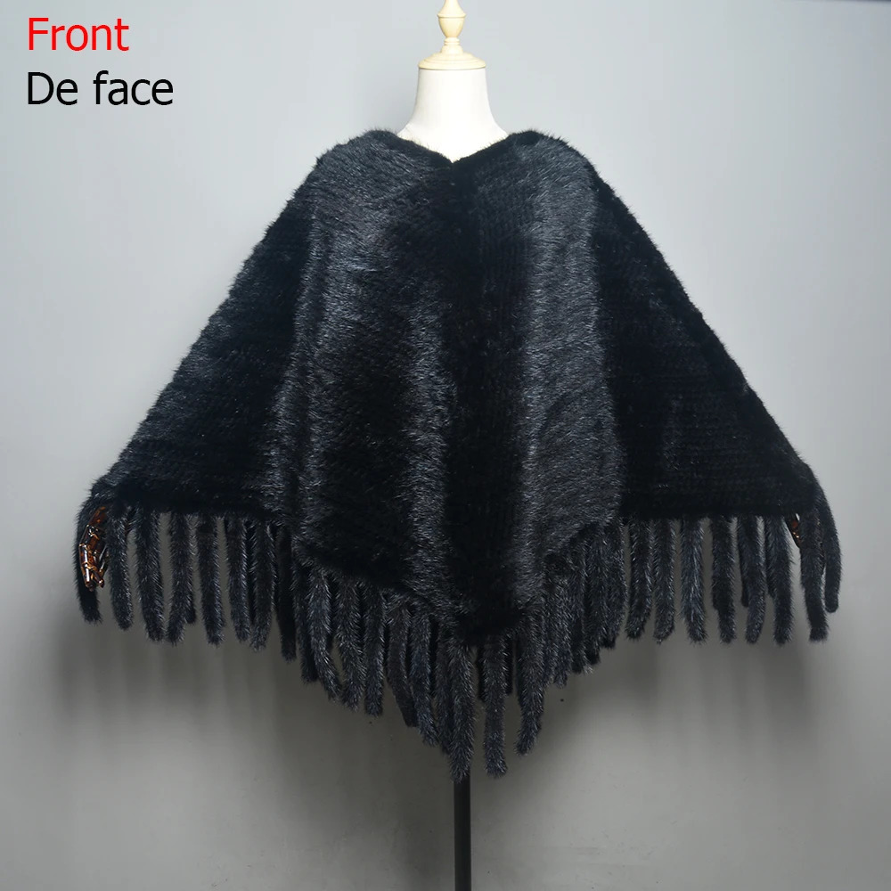 Fashion Women Fur Shawl Winter Knitted Real Mink Fur Stole With Fur Hood Knitted Mink Poncho Pashmina 250120