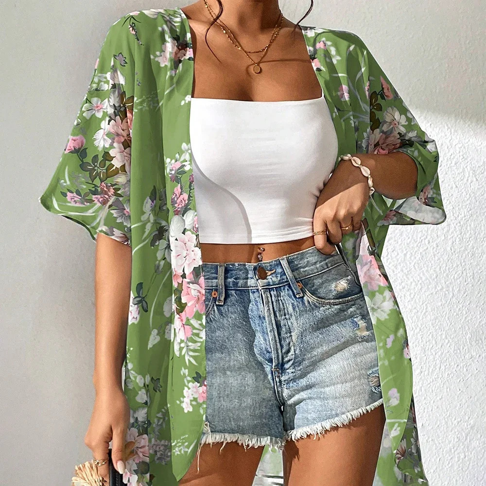 2024 Beach Wear covered womens social shirt fashion top 3D printed batwing sleeve chiffon kimono swimsuit for women 250120