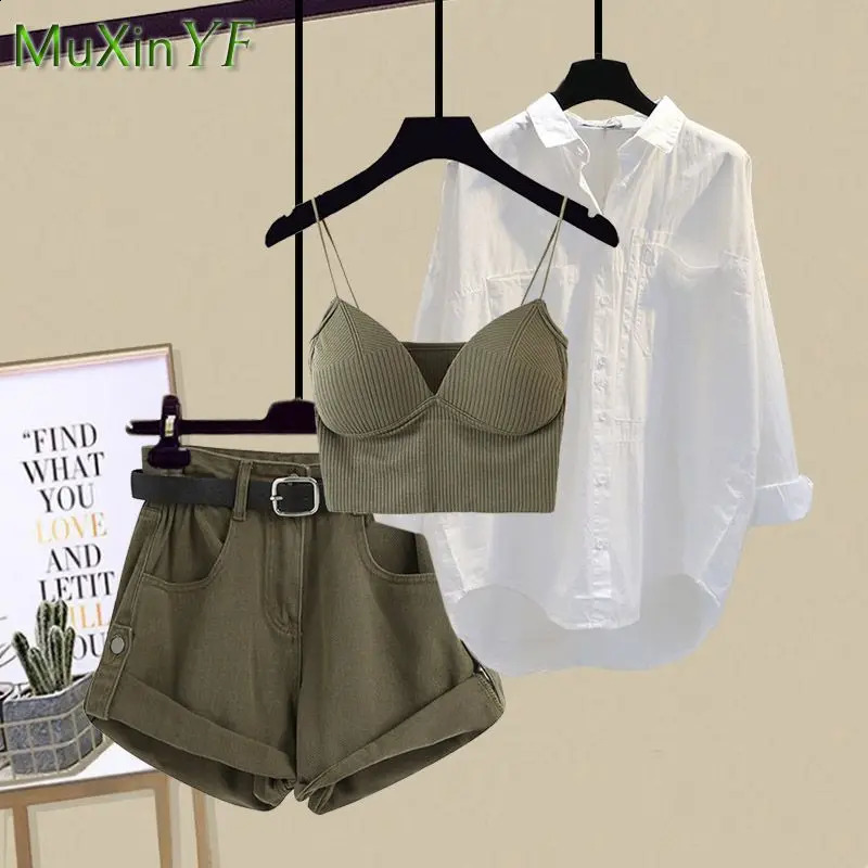 Womens Fashion Tracksuit Matching Set Korean Elegant Casual White Sunscreen Cardigansuspenderdenim Short Three Piece Suit 250122