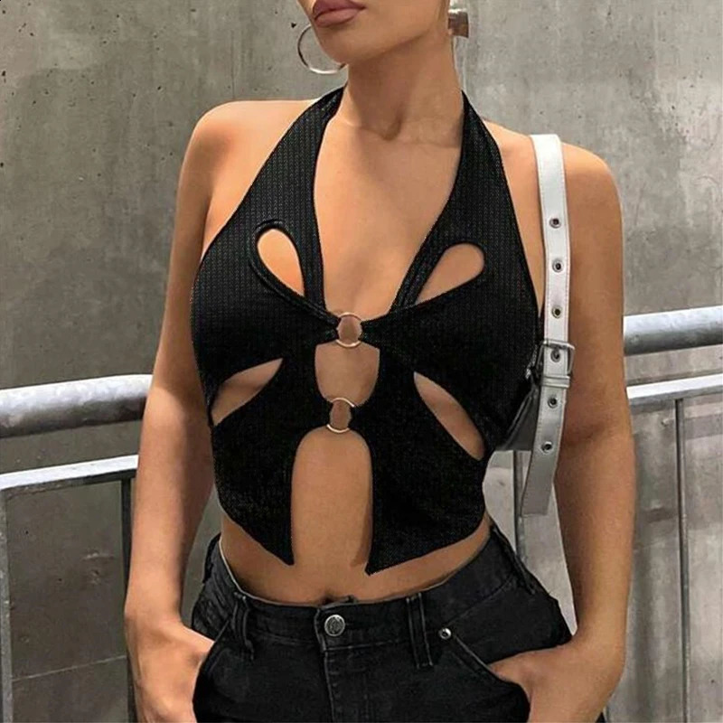 Sexy Black Halter Womens Y2k Crop Tops Sleeveless Hollowing Out Backless Fashion Female Summer Grunge Slim Tank Tops 250116