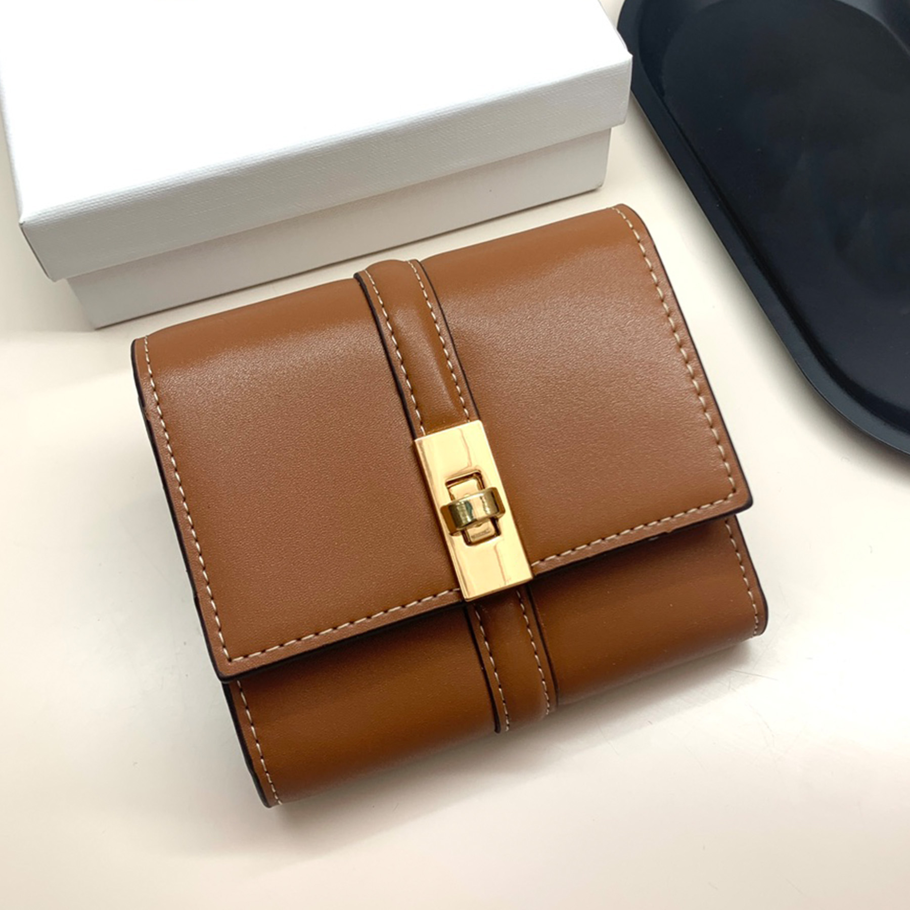 high quality small wallet in shiny calfskin luxury designer golden hardware turn lock closure cardholder snap button clutch bag fashion women casual shopping purse