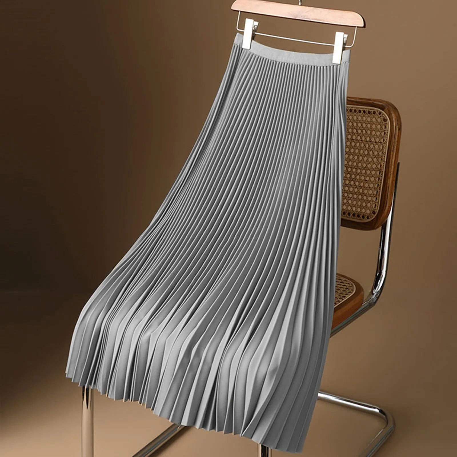 Aline Slim Midi Skirt Elegant Elastic Waist Long Pleated SkirtVintage Female 2024 Ladies High solid Skirts 250110