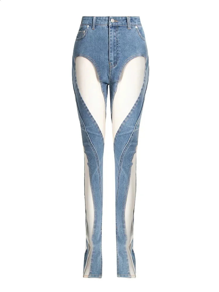 Patchwork Sheer Mesh Sexy Denim Pants For Women High Waist Spliced Pockets Slimming Jeans Female Fashion Style 250117