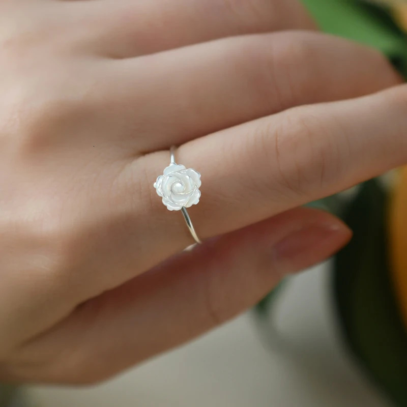 ASHIQI Natural Shell Flower Ring 925 Sterling Silver Handmade Jewelry Unique for Women Gift 250121