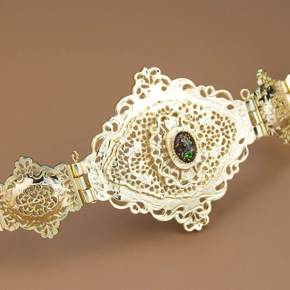 Sunspicems Gold Color Moroccan Kaftan Belt Imitation Jade Stone Arabic Women Bride Jewelry Waist Chain Hollow Persian Pattern 250121